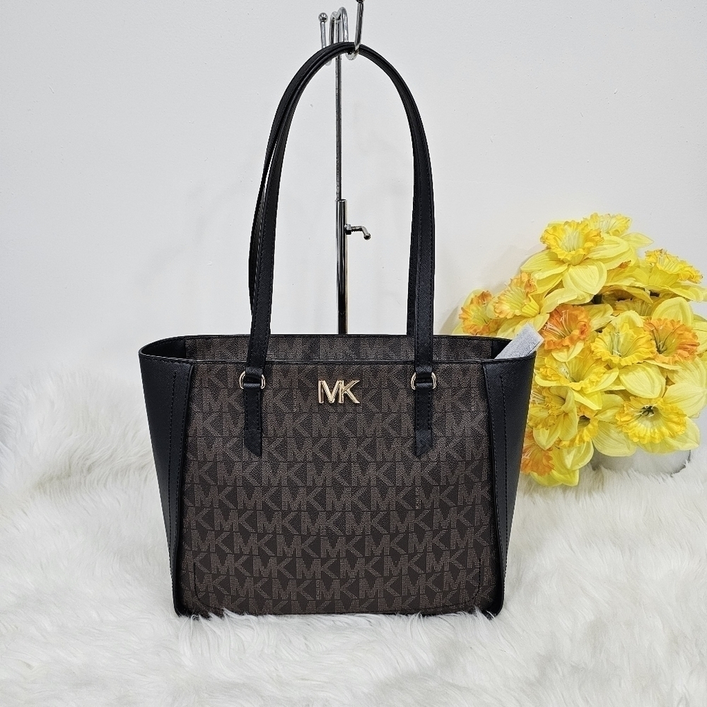 Michael Kors Brown and Black Zip Top Logo Tote